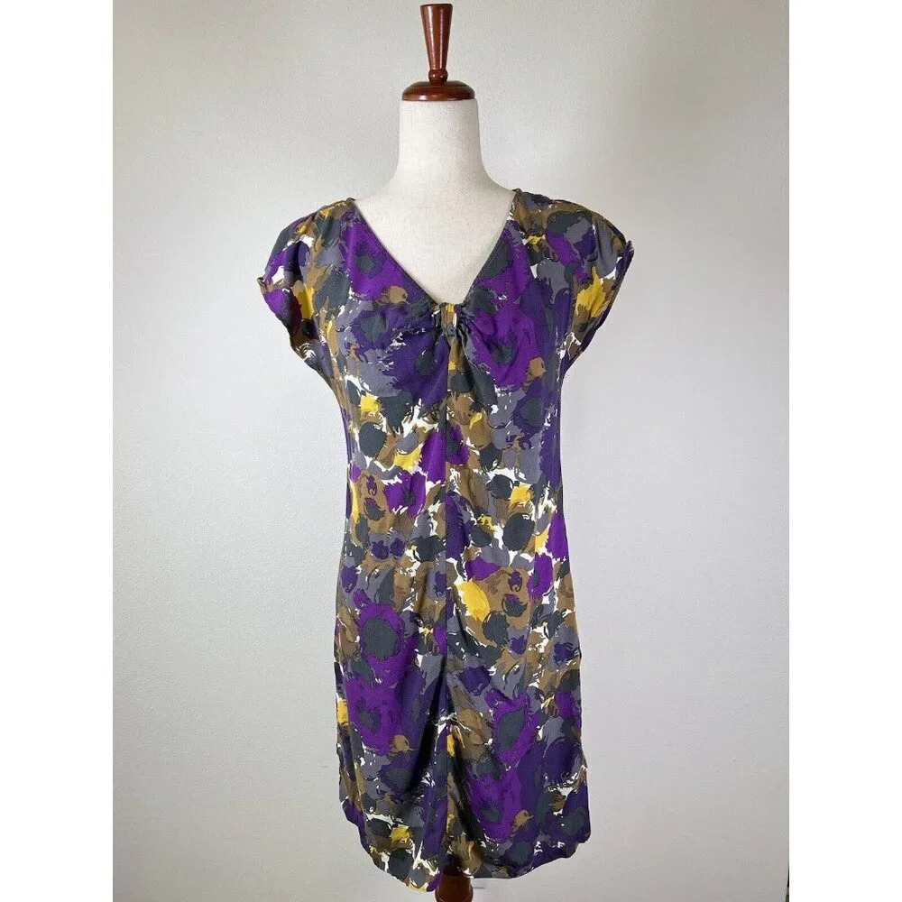 Boden Mini Dress Size 6 Purple Yellow Short Sleeve Boho Artsy‎ Print V Neck